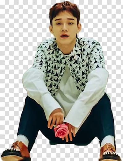 EXO CBX Blooming Day MV, man in white long-sleeved top and green pants transparent background PNG clipart
