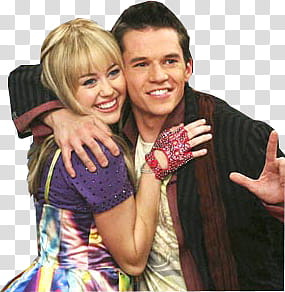 Hannah Montana, smiling Miley Cyrus hugging smiling man gesturing loser sign transparent background PNG clipart