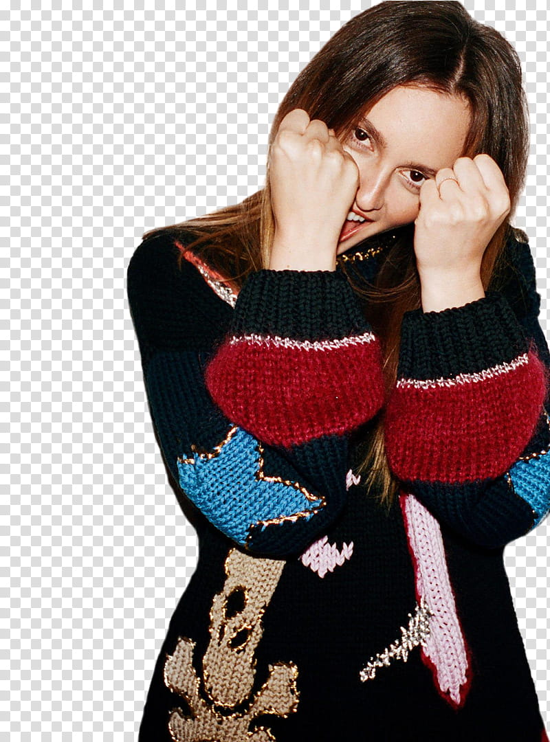 Leighton Meester , woman making two fists in black and multicolored sweater transparent background PNG clipart
