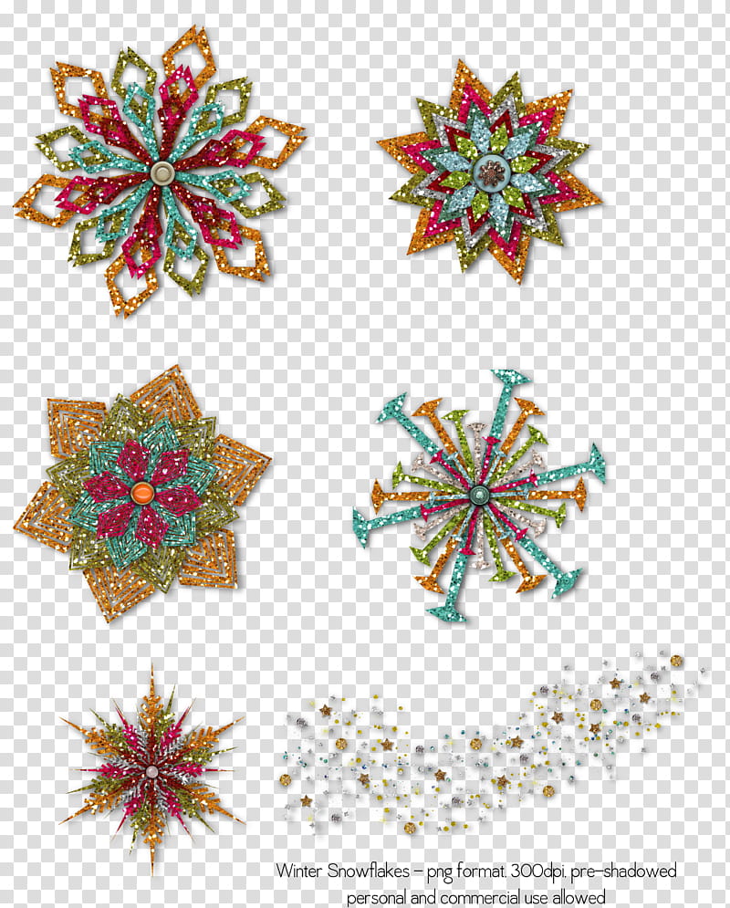 Winter Snowflakes Set , five assorted-color flower decors transparent background PNG clipart