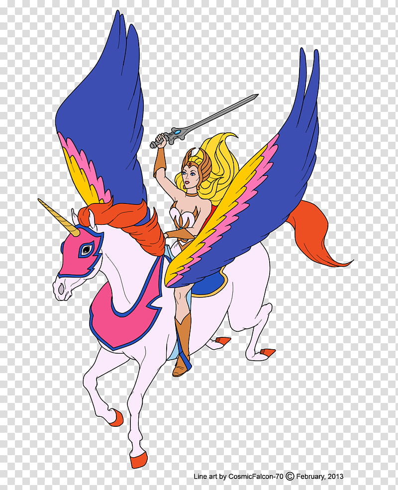 She Ra and Swifty in Action, woman holding sword riding pegasus illustration transparent background PNG clipart