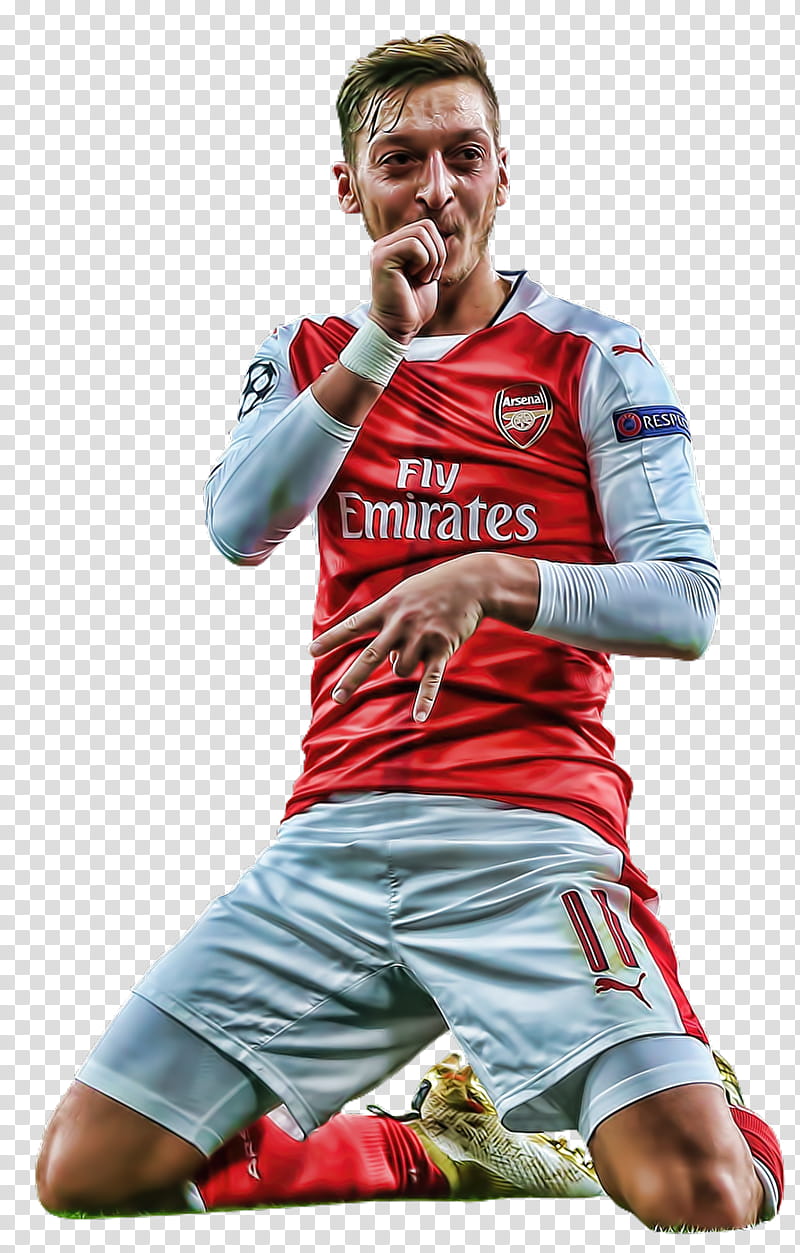 Mesut zil topaz, kneeling man in red Fly Emirates soccer jersey transparent background PNG clipart