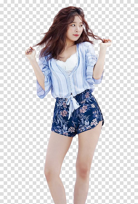 Red Velvet IRENE n SEULGI HIGH CUT part P, woman wearing blue long-sleeved shirt and floral bottoms transparent background PNG clipart