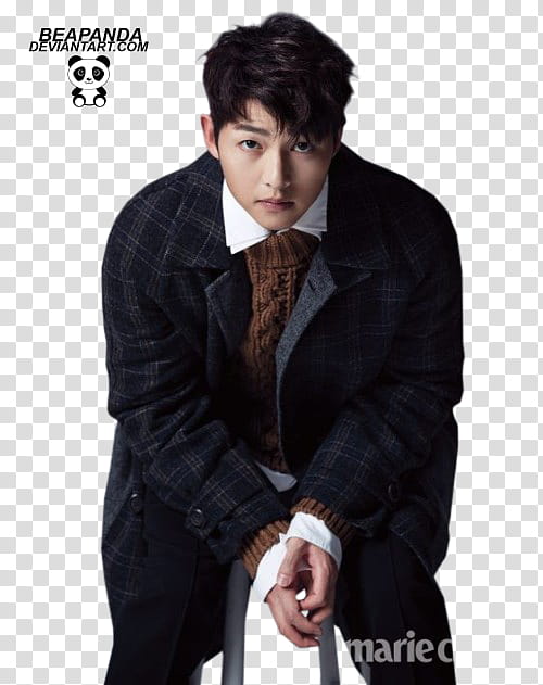 Song Joong Ki, man wearing black coat sitting on stool transparent background PNG clipart