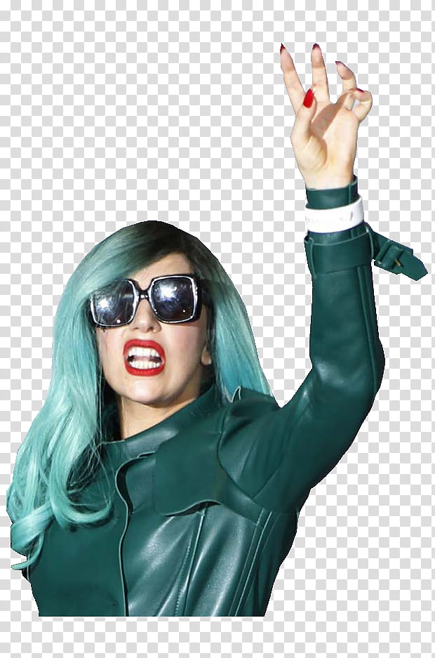 Lady Gaga , woman in green leather coat rising her hand transparent background PNG clipart