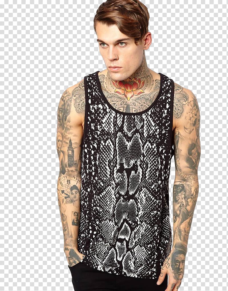 MALE MODEL , man in black and white snakeskin tank top transparent background PNG clipart