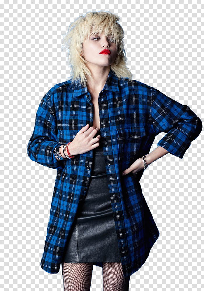 Sky Ferreira, woman wearing blue and black plaid coat with left hand akimbo transparent background PNG clipart