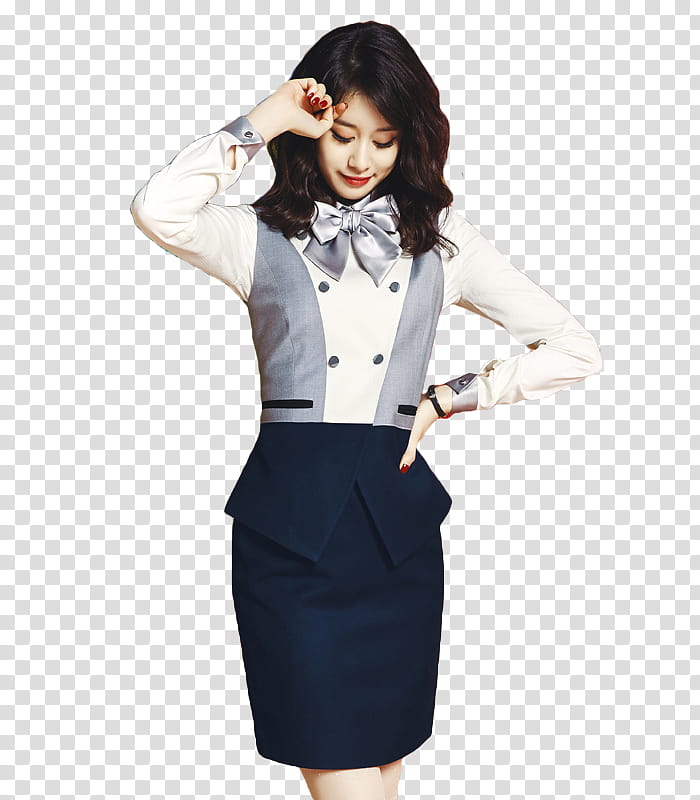 woman in white and gray pussybow blouse and blue pencil skirt transparent background PNG clipart