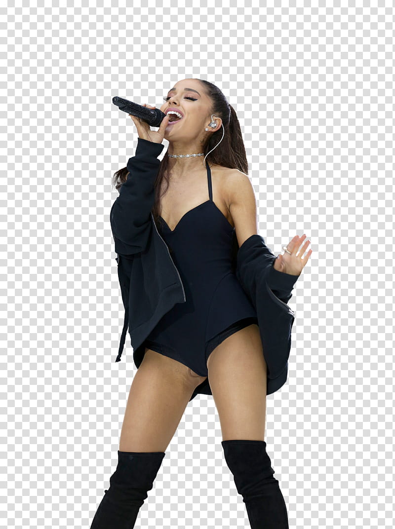 Ariana Grande, woman in black one-piece swimsuit and jacket