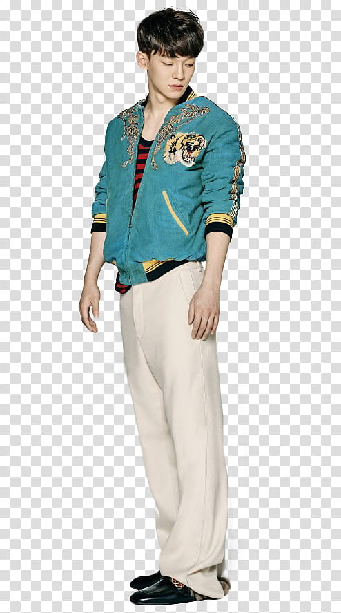 EXO VOGUE , man wearing teal letterman jacket and white pants transparent background PNG clipart