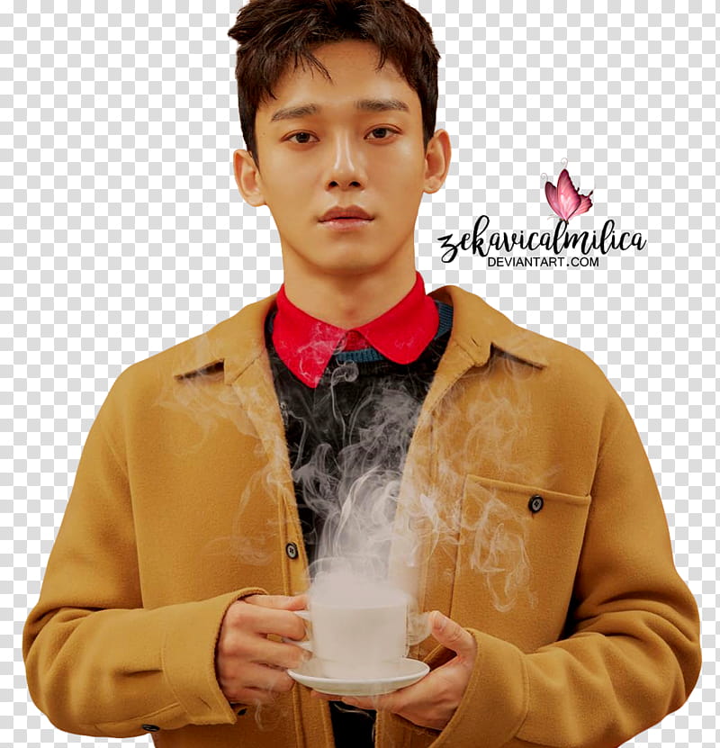 EXO Universe, black-haired man holding white mug with saucer transparent background PNG clipart