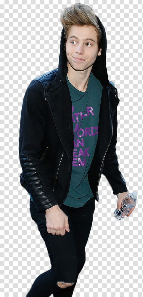 Luke Hemmings Candid , man in black blazer with green crew-neck shirt and black distressed denim jeans transparent background PNG clipart