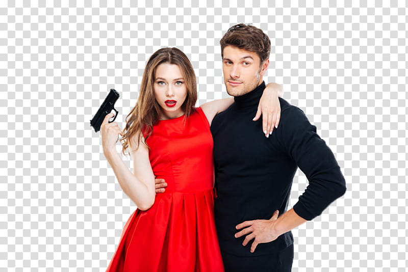 COUPLE , cutout of woman with gun on her right hand while left hand placed on the man's neck transparent background PNG clipart