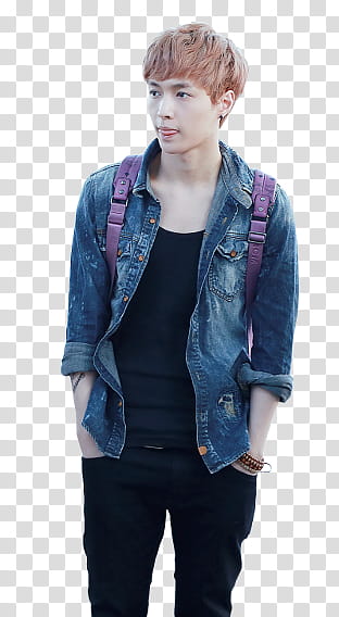 Yixing, man wearing purple backack and blue denim jacket transparent background PNG clipart