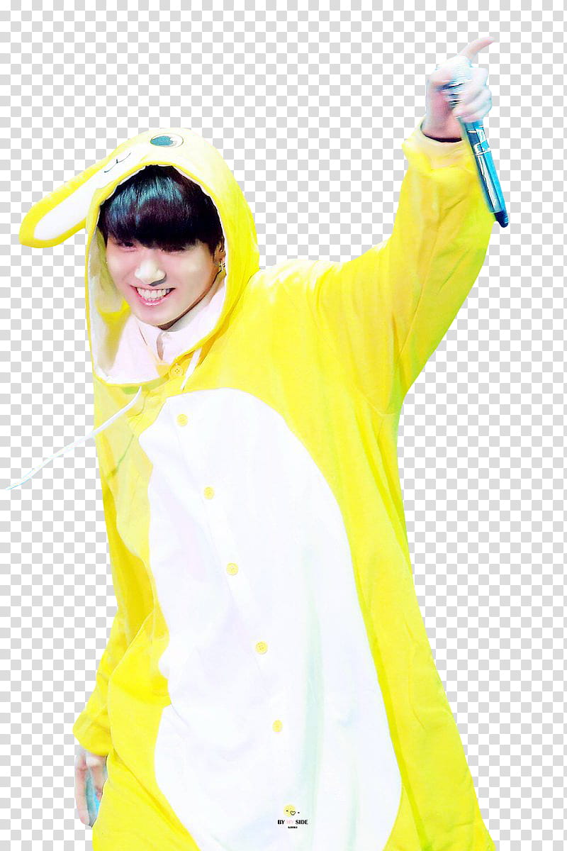 JUNGKOOK BTS, man in yellow costume holding microphonee transparent background PNG clipart
