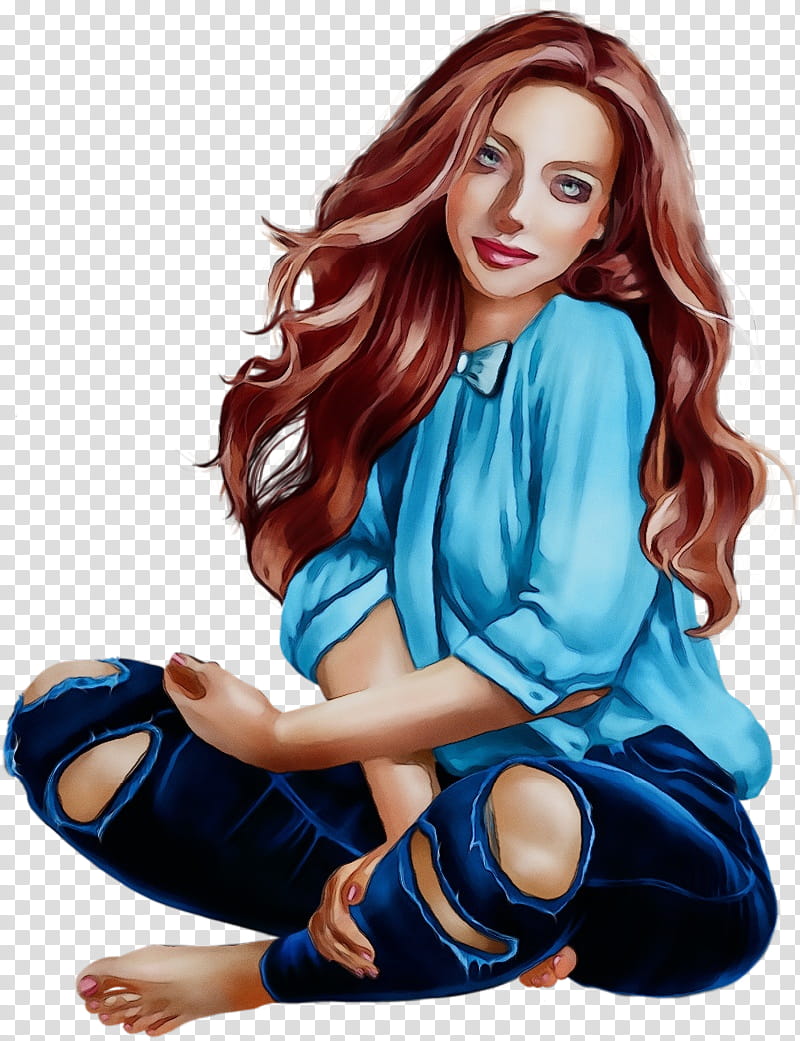 sitting blue cartoon footwear leg, Watercolor, Paint, Wet Ink, Long Hair, Electric Blue, Fictional Character, Fashion Illustration transparent background PNG clipart