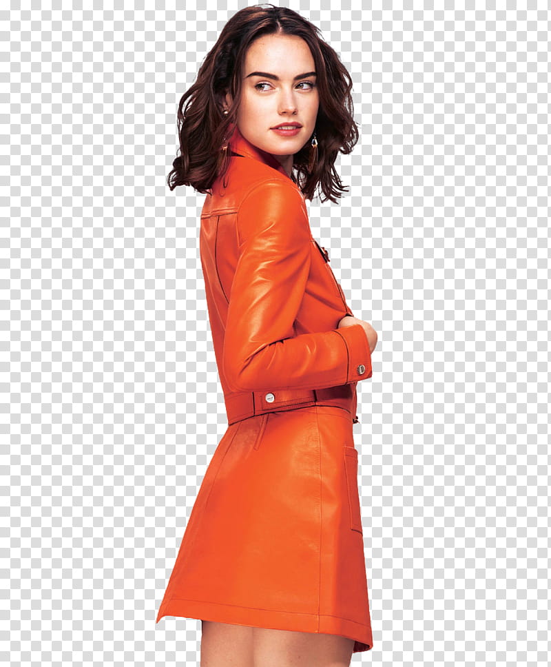 Daisy Ridley, woman in orange leather jacket transparent background PNG clipart