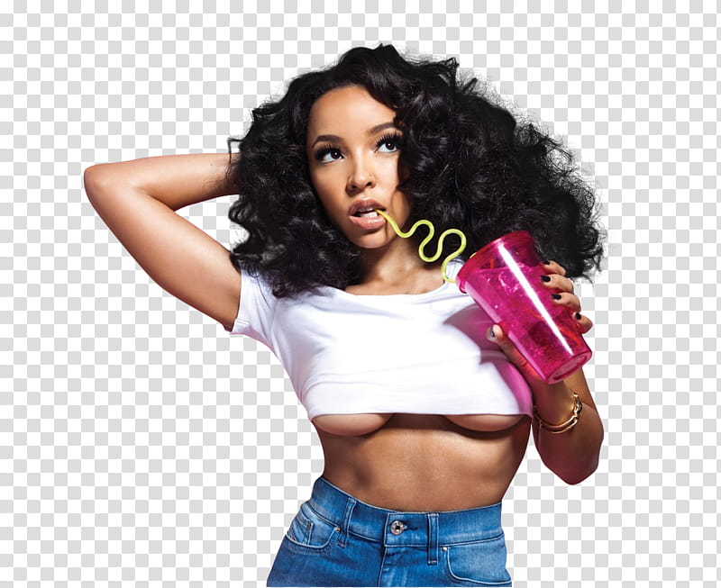 Tinashe, woman in white crop top holding pink tumbler transparent background PNG clipart