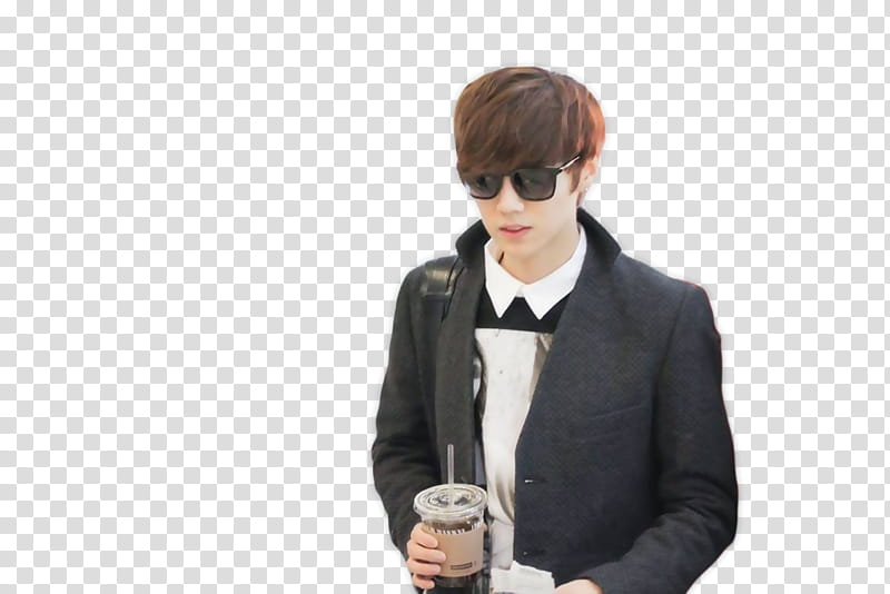 Render LuHan, man wearing black coat holding disposable cup transparent background PNG clipart