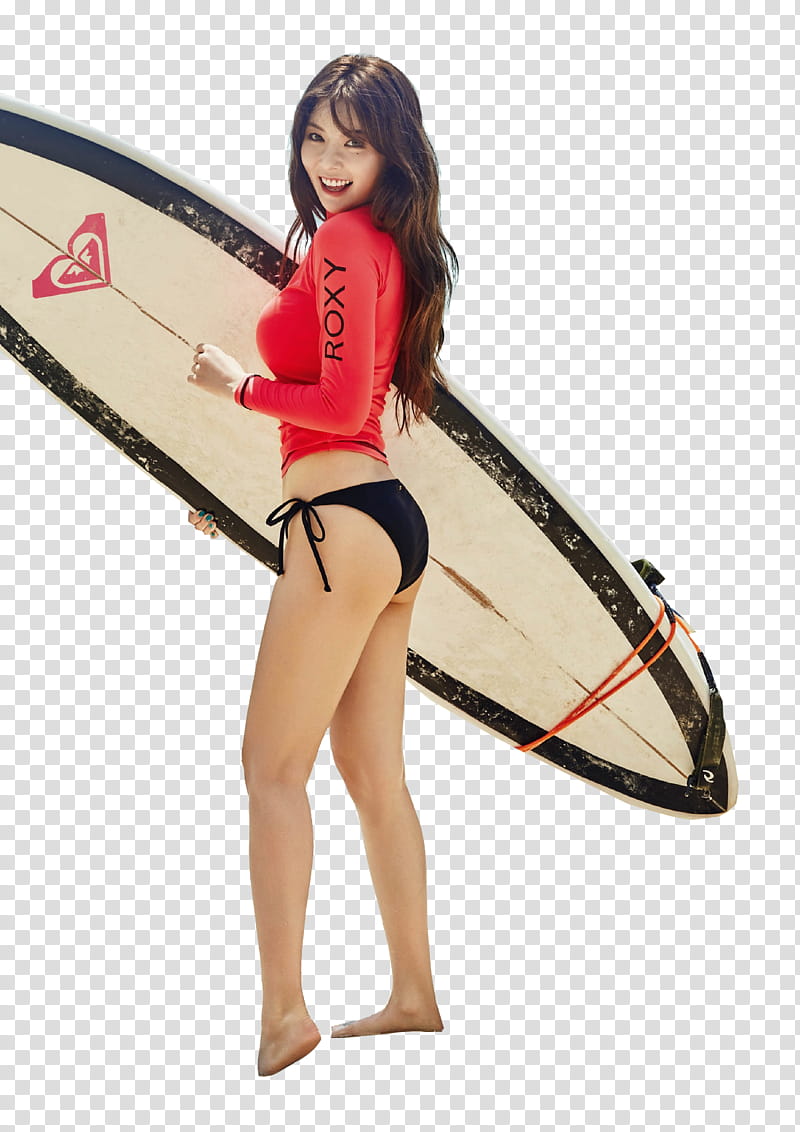 HYUNA , woman wearing black bikini bottom and holding surfboard transparent background PNG clipart