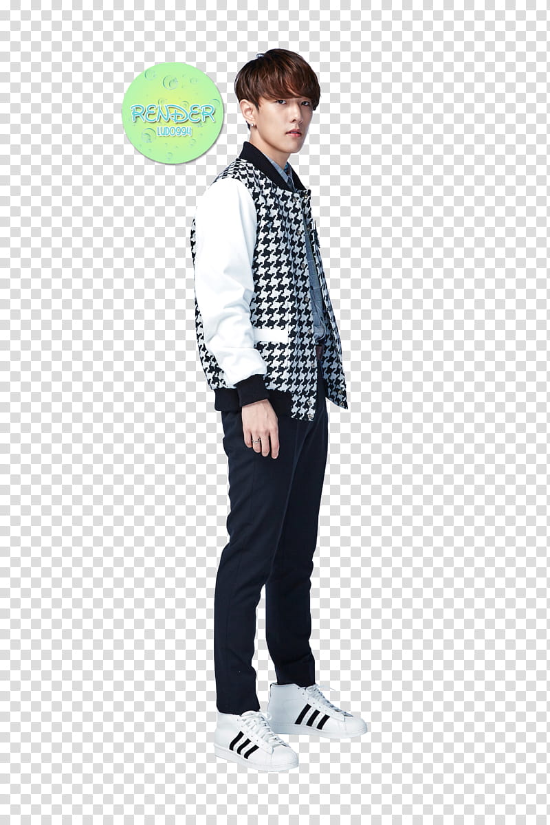 IKON, man standing wearing white and black houndstooth jacket transparent background PNG clipart