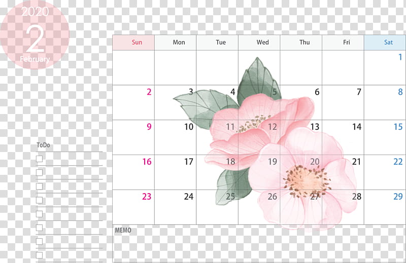February 2020 Calendar February 2020 Printable Calendar 2020 Calendar, Pink, Text, Petal, Line, Plant, Flower, Paper transparent background PNG clipart