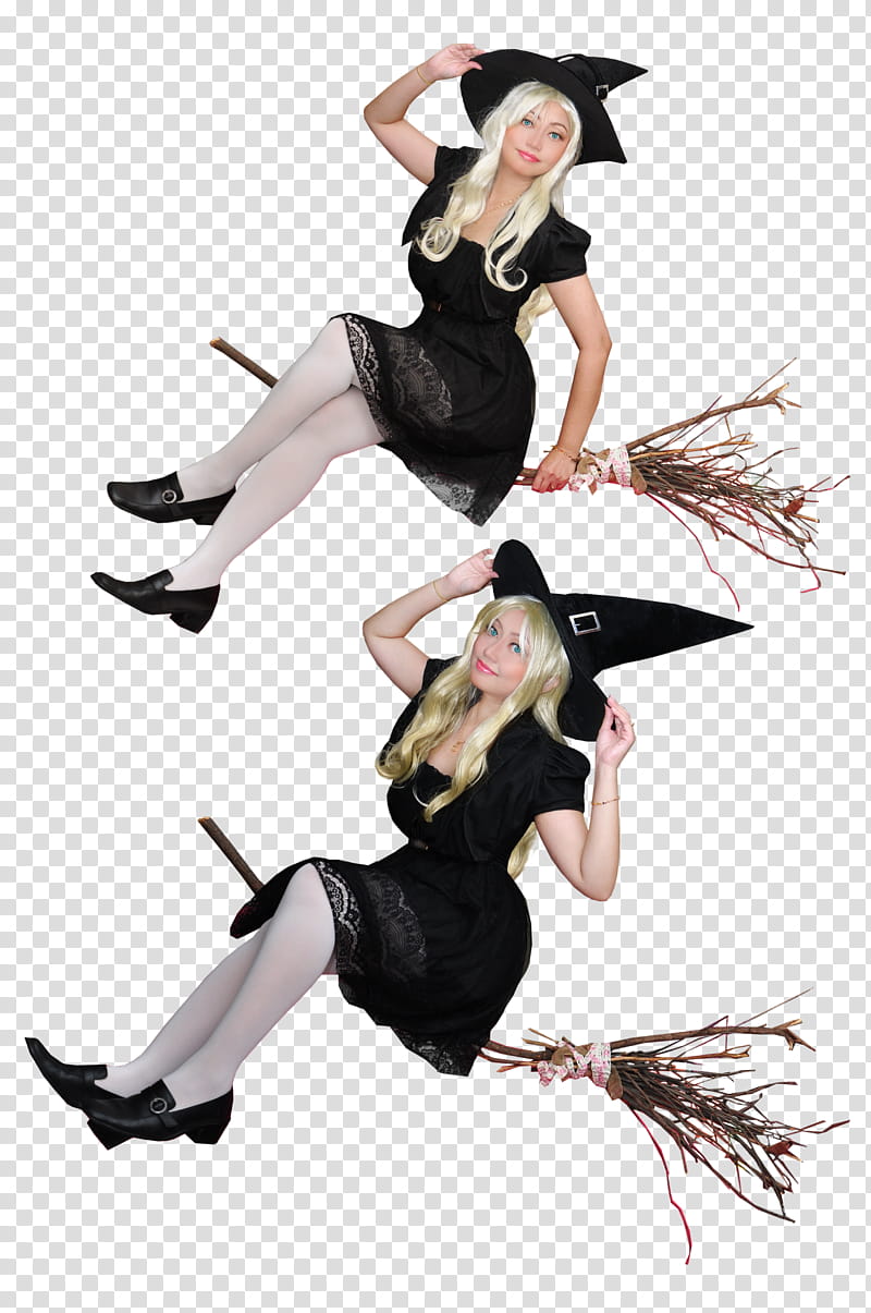 Clear Cut Witches for Halloween Card, woman wearing black witch costume sitting on broom transparent background PNG clipart