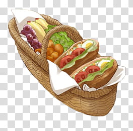 picnic basket  s, brown basket, breads, and fruits illustration transparent background PNG clipart