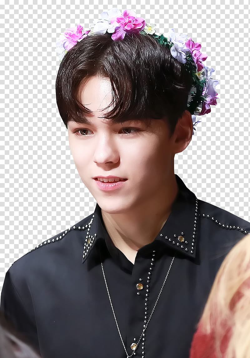 Vernon Seventeen, man wearing black collared top and flower crown transparent background PNG clipart