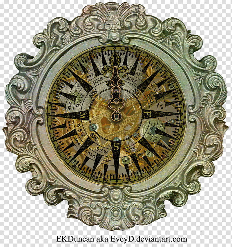 Ornate Framed Compass Created, round gold analog wall clock transparent background PNG clipart