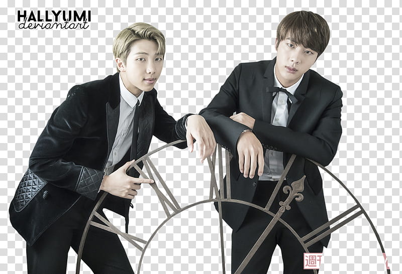 BTS, two men leaning on Roman numerical clock transparent background PNG clipart