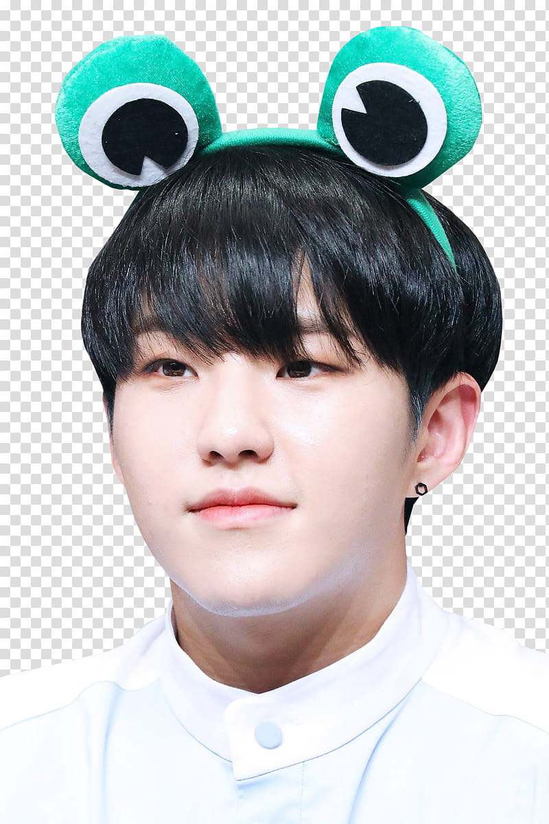 HOSHI SEVENTEEN , man wearing white collared shirt and green frog headband transparent background PNG clipart
