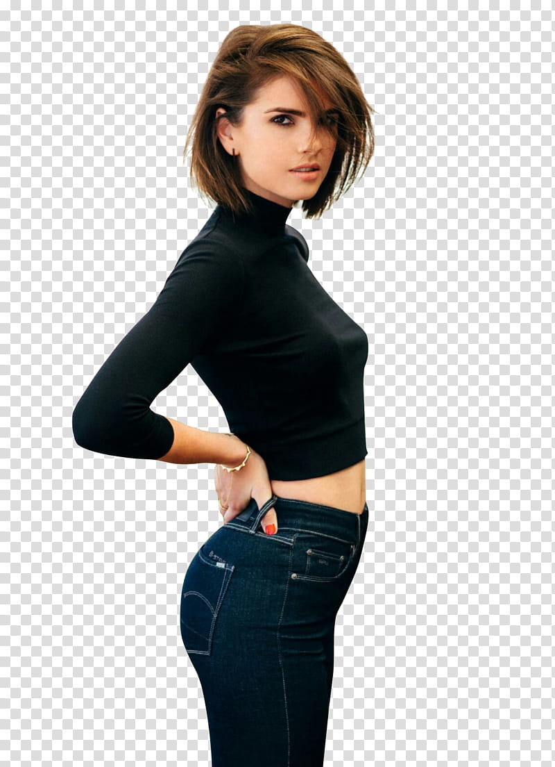 Shelley Hennig, woman with arms akimbo wearing crop top and jeans transparent background PNG clipart