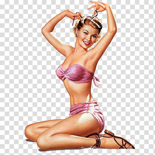 Ning Vintage Pin up girls Pics, women's pink two piece bikini painting transparent background PNG clipart
