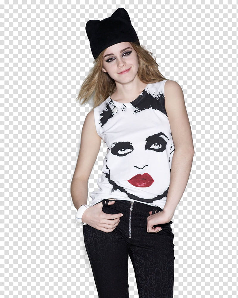 Emma Watson, woman wearing white and black sleeveless shirt and black knit cap with hands on pocket transparent background PNG clipart