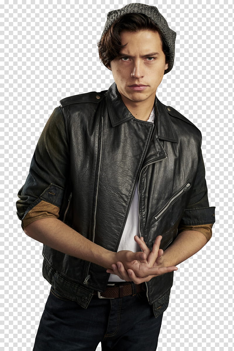 Riverdale cast, Cole Sprouse wearing black leather jacket transparent background PNG clipart
