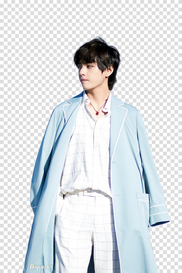 V BTS, man wearing blue and white notched-lapel topcoat transparent background PNG clipart