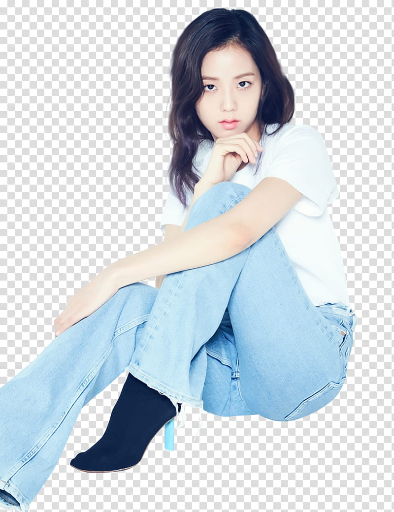 BLACKPINK PRE DEBUT, woman sitting on floor wearing white t-shirt and blue denim flare jeans outfit transparent background PNG clipart