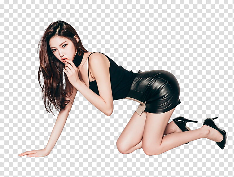PARK JUNG YOON, woman wearing black spaghetti strap top and leather miniskirt transparent background PNG clipart