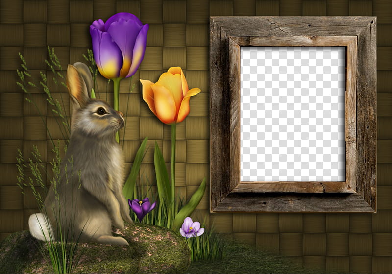 rabbit frame, brown wooden frame with gray rabbit and purple and yellow flower transparent background PNG clipart
