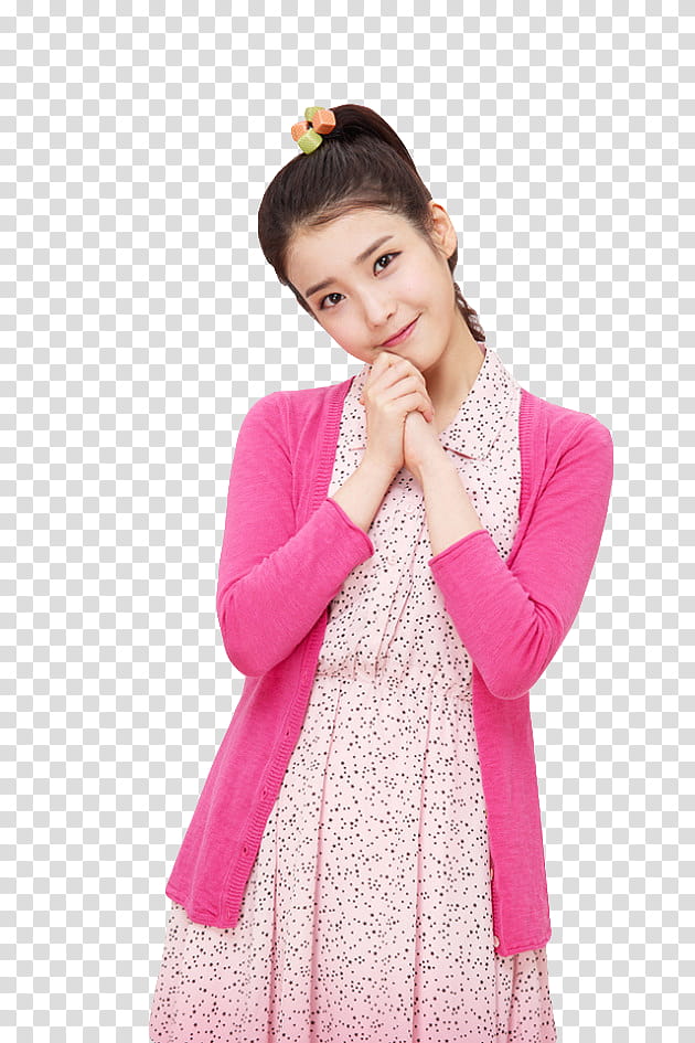 IU, cutout of woman in collared dress and pink cardigan transparent background PNG clipart