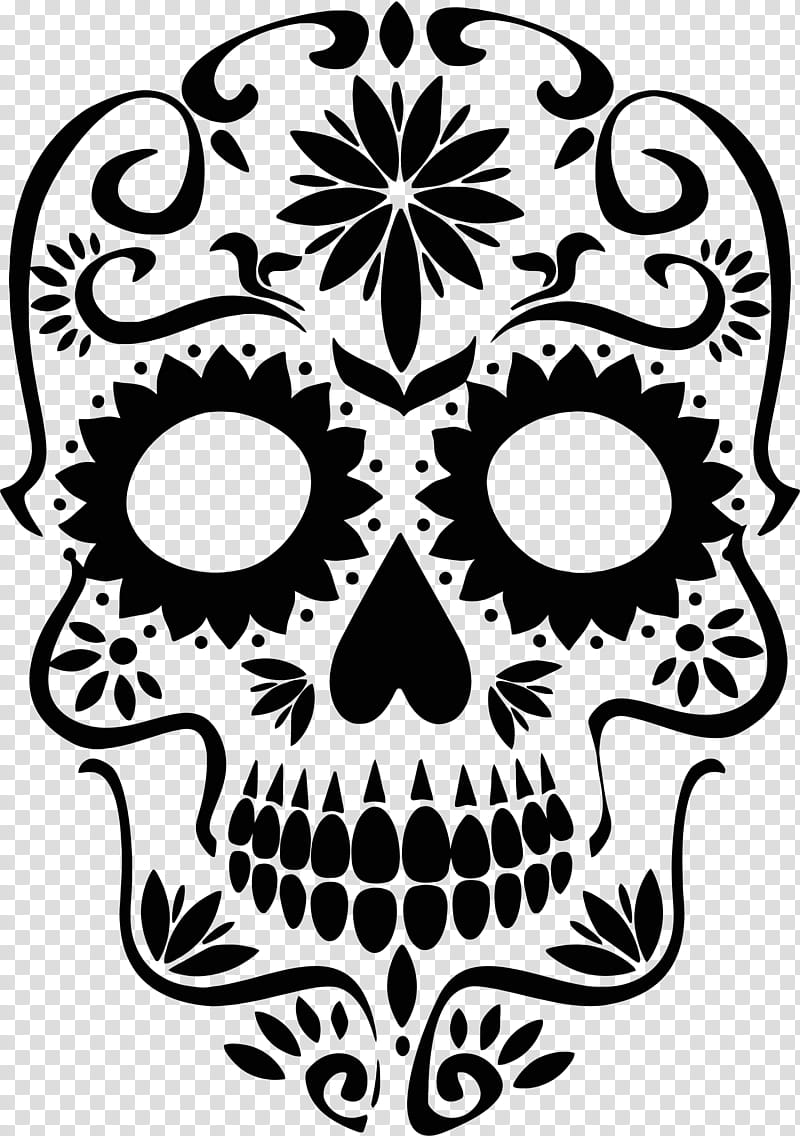Day Of The Dead Skull, Calavera, Drawing, Silhouette, Bone, Head, Blackandwhite, Line Art transparent background PNG clipart