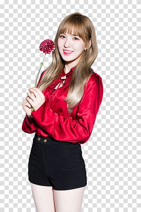 Red Velvet Reveluv Baby, smiling woman wearing red long-sleeved shirt holding red florwer transparent background PNG clipart