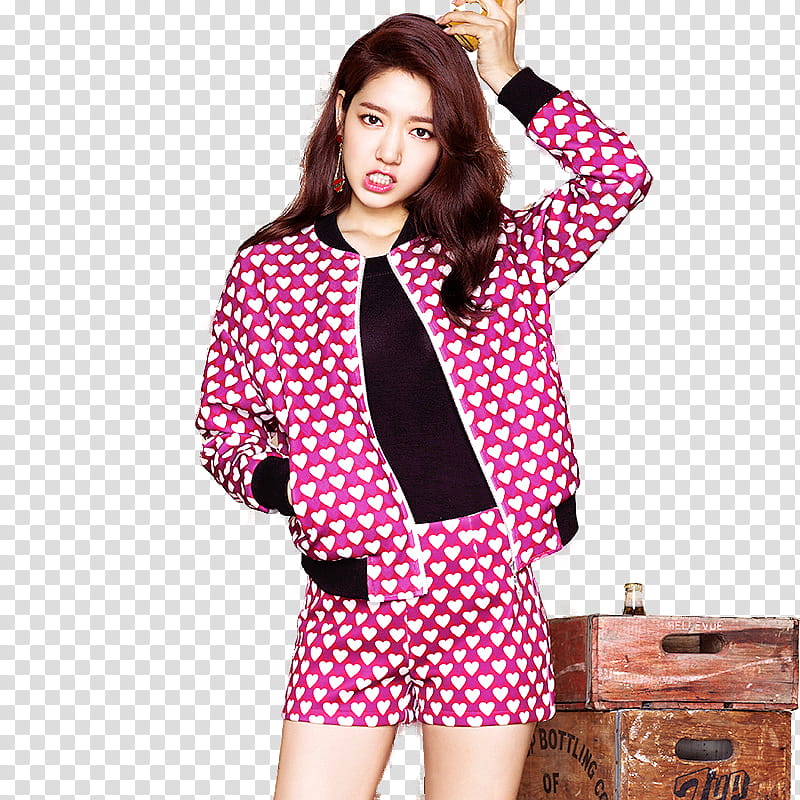 Park Shin Hye, standing woman wearing pink and white zip-up jacket and shorts beside brown wooden bottle crates transparent background PNG clipart