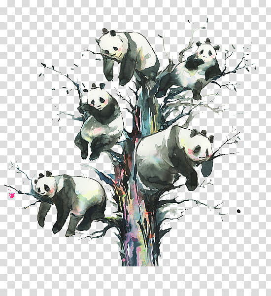 Crazy Animals s, five pandas on bare tree illustration transparent background PNG clipart