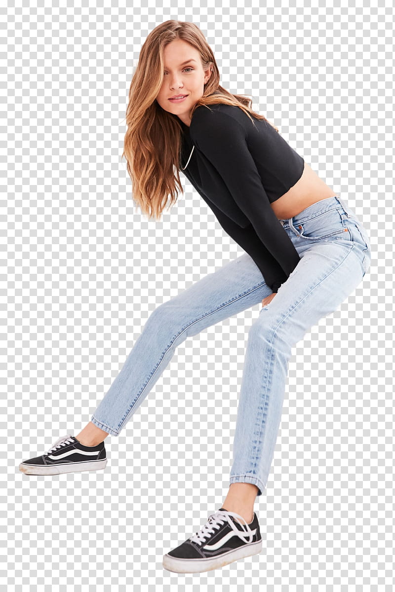 Josephine Skriver, woman wearing black long-sleeved crop-top and blue skinny jeans transparent background PNG clipart
