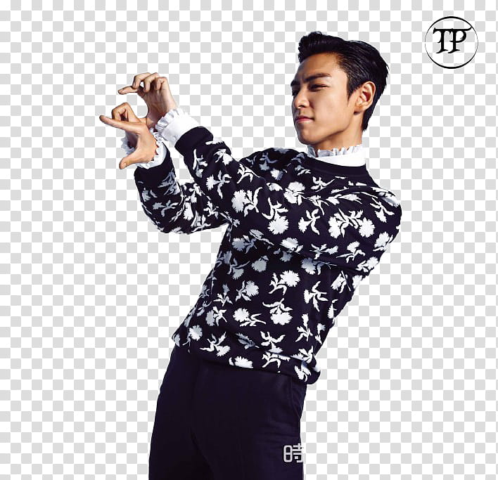 Bigbang Choi Seung hyun T O P, standing man wearing black and white floral long-sleeved shirt transparent background PNG clipart