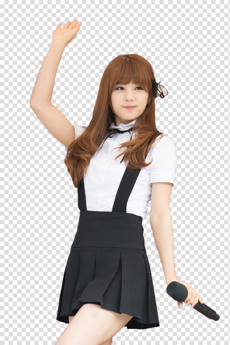 Chorong, woman in white and black short-sleeved dress raising left hand and right hand holding microphone transparent background PNG clipart