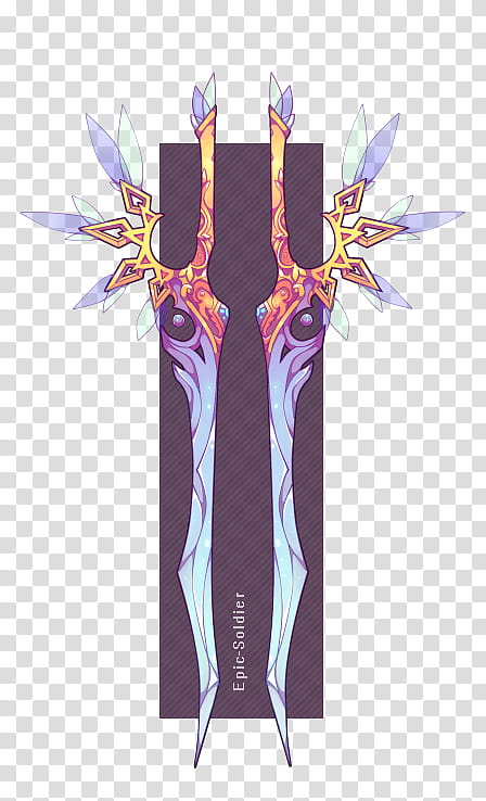 Weapon adopt  dual crystal blades CLOSED, blue-and-orange floral swords illustration transparent background PNG clipart