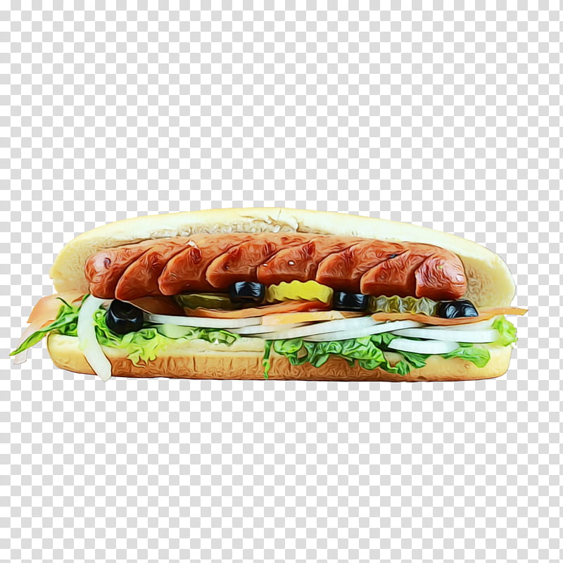 food fast food dish cuisine ingredient, Watercolor, Paint, Wet Ink, Bratwurst, Submarine Sandwich, Kielbasa, Sausage transparent background PNG clipart